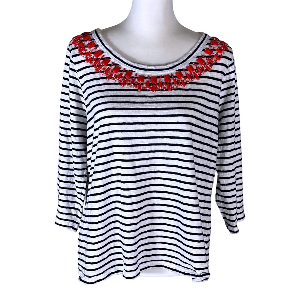 Talbots Striped Top Women 1X Black White Red Beaded Neckline 3/4 Sleeve